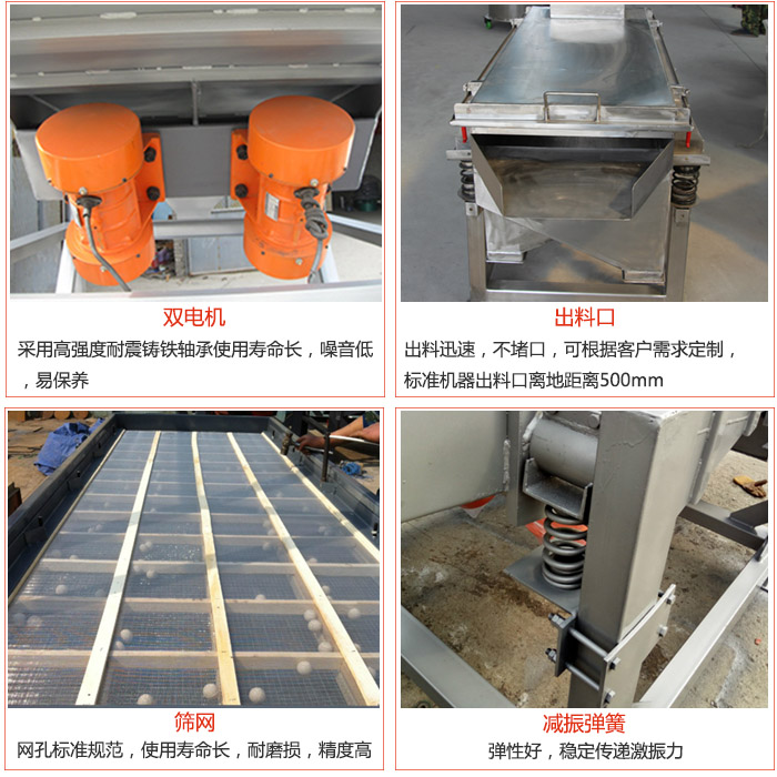 線振動篩配件優(yōu)勢：雙電機(jī)采用高強(qiáng)度耐震鑄鐵軸承使用壽命長，噪音低，易保養(yǎng)，出料口：出料迅速，不堵口，可根據(jù)客戶需求定制標(biāo)準(zhǔn)機(jī)器出料口離地距離500mm。篩網(wǎng)：網(wǎng)孔標(biāo)準(zhǔn)規(guī)范，使用壽命長，耐磨損，精度高。減震彈簧彈性好，穩(wěn)定傳遞激振力。